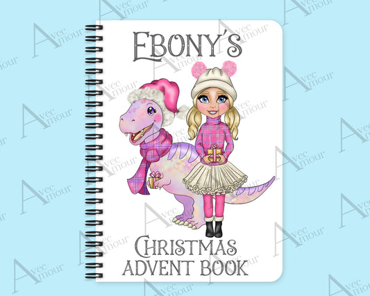 Girl with Pink Christmas Dinosaur Advent Activity Book